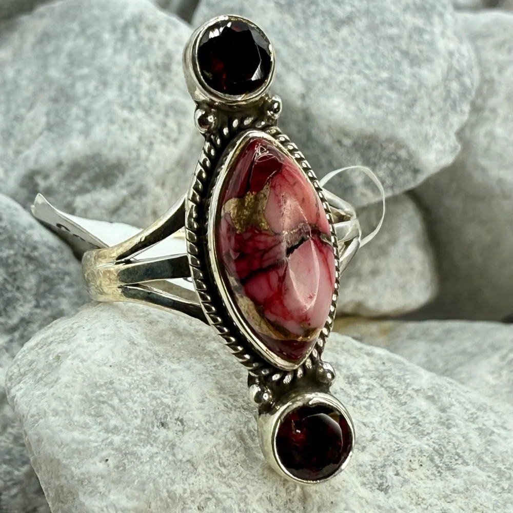 NWT Sterling Silver Red Dahlia Turquoise Garnet Ring Size 8 Boho Southwestern